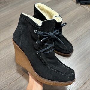 REBECCA MINKOFF Persys  Black Suede Wedge Ankle Boot with Shearling Lining